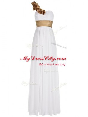 One Shoulder Floor Length Empire Sleeveless White Evening Dress Zipper