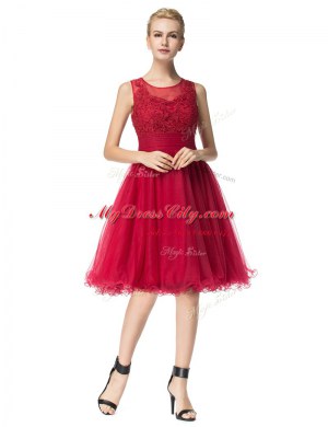 Fashionable Red A-line Organza Scoop Sleeveless Lace Knee Length Zipper Prom Gown