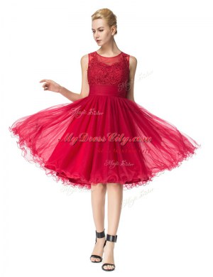 Fashionable Red A-line Organza Scoop Sleeveless Lace Knee Length Zipper Prom Gown