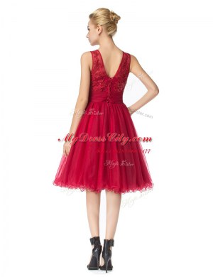 Fashionable Red A-line Organza Scoop Sleeveless Lace Knee Length Zipper Prom Gown