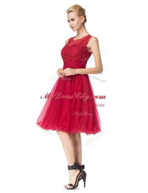 Fashionable Red A-line Organza Scoop Sleeveless Lace Knee Length Zipper Prom Gown