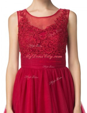 Fashionable Red A-line Organza Scoop Sleeveless Lace Knee Length Zipper Prom Gown