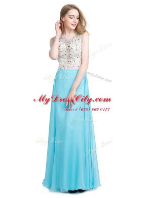 Sumptuous Scoop Floor Length Aqua Blue Prom Evening Gown Chiffon Sleeveless Beading