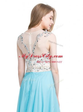 Sumptuous Scoop Floor Length Aqua Blue Prom Evening Gown Chiffon Sleeveless Beading