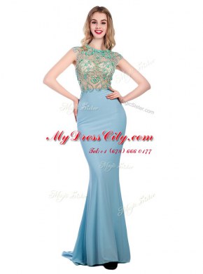 Best With Train Light Blue Prom Dresses Scoop Sleeveless Sweep Train Zipper