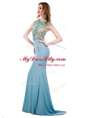 Best With Train Light Blue Prom Dresses Scoop Sleeveless Sweep Train Zipper