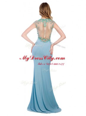 Best With Train Light Blue Prom Dresses Scoop Sleeveless Sweep Train Zipper