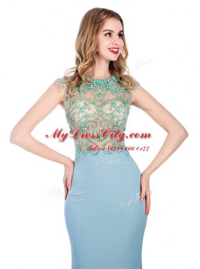 Best With Train Light Blue Prom Dresses Scoop Sleeveless Sweep Train Zipper