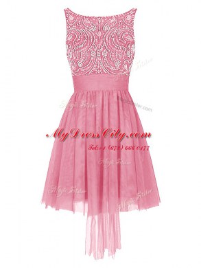 Bateau Sleeveless Tulle Prom Dresses Beading Zipper