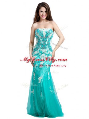 Mermaid Floor Length Turquoise Prom Gown Tulle Sleeveless Beading and Appliques