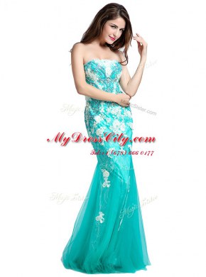 Mermaid Floor Length Turquoise Prom Gown Tulle Sleeveless Beading and Appliques