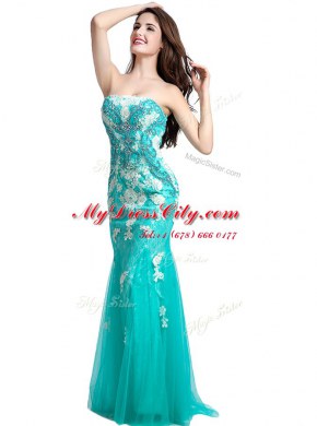 Mermaid Floor Length Turquoise Prom Gown Tulle Sleeveless Beading and Appliques