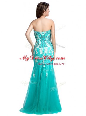 Mermaid Floor Length Turquoise Prom Gown Tulle Sleeveless Beading and Appliques