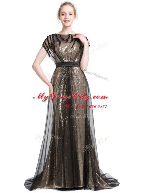 Black Column/Sheath Bateau Short Sleeves Tulle With Brush Train Zipper Beading
