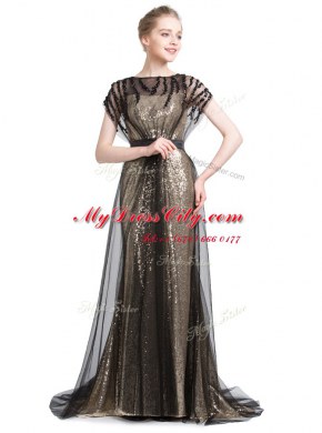 Black Column/Sheath Bateau Short Sleeves Tulle With Brush Train Zipper Beading