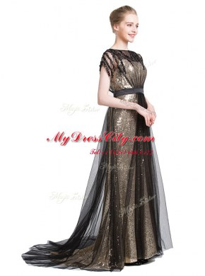 Black Column/Sheath Bateau Short Sleeves Tulle With Brush Train Zipper Beading