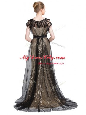 Black Column/Sheath Bateau Short Sleeves Tulle With Brush Train Zipper Beading