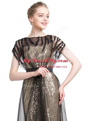Black Column/Sheath Bateau Short Sleeves Tulle With Brush Train Zipper Beading