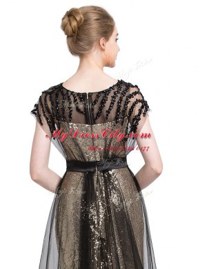 Black Column/Sheath Bateau Short Sleeves Tulle With Brush Train Zipper Beading