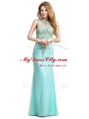Turquoise Sleeveless Brush Train Beading With Train Homecoming Dress