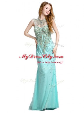 Turquoise Sleeveless Brush Train Beading With Train Homecoming Dress
