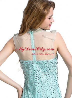 Turquoise Sleeveless Brush Train Beading With Train Homecoming Dress