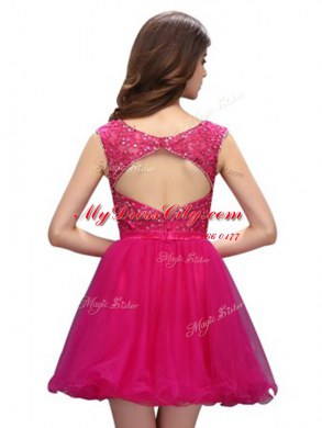 Fuchsia Sleeveless Beading and Appliques Mini Length Prom Gown