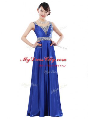 Floor Length Zipper Prom Dress Royal Blue for Prom and Party with Beading