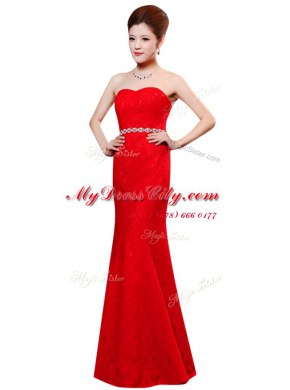 Red Lace Zipper Sleeveless Floor Length Beading and Lace