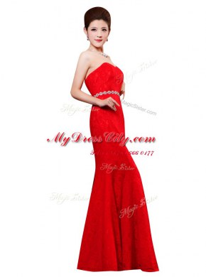 Red Lace Zipper Sleeveless Floor Length Beading and Lace