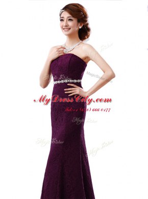 Red Lace Zipper Sleeveless Floor Length Beading and Lace