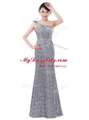 Edgy One Shoulder Sleeveless Sequined Floor Length Zipper Evening Dress in Silver with Sequins