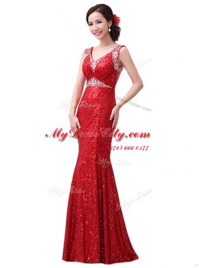 Sleeveless Sequined Floor Length Zipper Prom Evening Gown in Red with Sequins