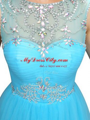 Fantastic Mini Length Aqua Blue Prom Dresses Scoop Sleeveless Zipper