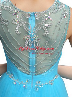 Fantastic Mini Length Aqua Blue Prom Dresses Scoop Sleeveless Zipper