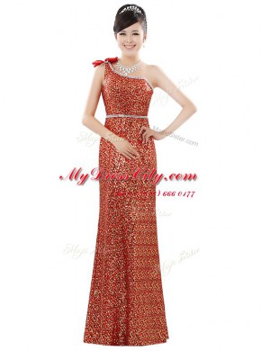 Colorful Orange Column/Sheath Sequined One Shoulder Sleeveless Beading and Sequins Floor Length Zipper Prom Gown