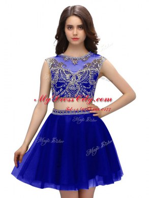 Tulle Scoop Sleeveless Criss Cross Beading Prom Party Dress in Blue