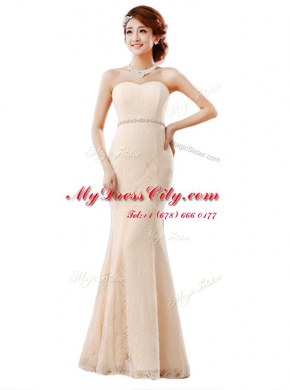 Peach Column/Sheath Lace Sweetheart Sleeveless Beading and Lace Floor Length Zipper Evening Dress