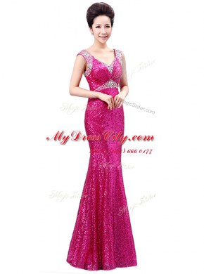 Fuchsia Column/Sheath Sequins Prom Party Dress Zipper Sequined Sleeveless Floor Length