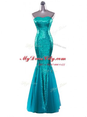 Nice Mermaid Sleeveless Sequined Floor Length Zipper Dress for Prom in Turquoise with Sequins