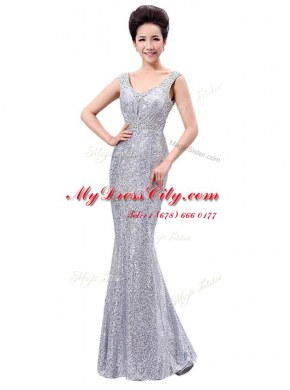 Spectacular Silver Sequined Zipper Prom Gown Sleeveless Floor Length Sequins