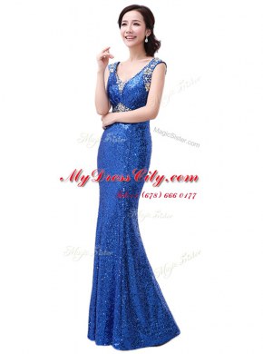 Sequins Column/Sheath Prom Dress Royal Blue V-neck Sequined Sleeveless Floor Length Zipper