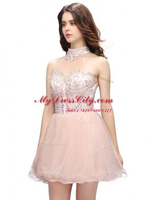 Pink Sleeveless Beading Mini Length Dress for Prom