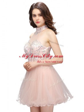 Pink Sleeveless Beading Mini Length Dress for Prom