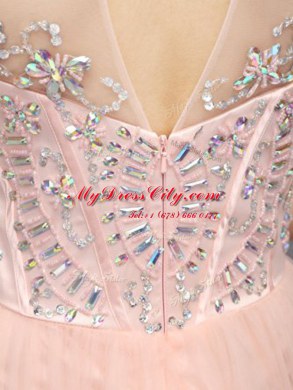 Pink Sleeveless Beading Mini Length Dress for Prom