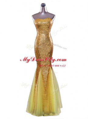 Mermaid Gold Sequined Zipper Strapless Sleeveless Floor Length Prom Gown Sequins