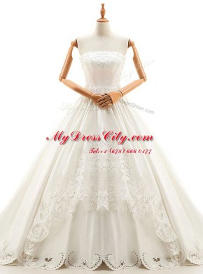 With Train Lace Up Wedding Dresses White for Wedding Party with Appliques Cathedral Train