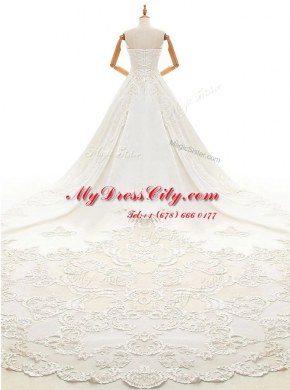 With Train Lace Up Wedding Dresses White for Wedding Party with Appliques Cathedral Train