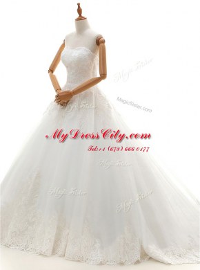 Unique Sweetheart Sleeveless Wedding Gown With Brush Train Lace and Appliques White Tulle
