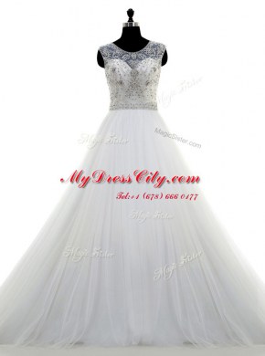 Designer Scoop Sleeveless Wedding Gowns With Brush Train Beading White Tulle